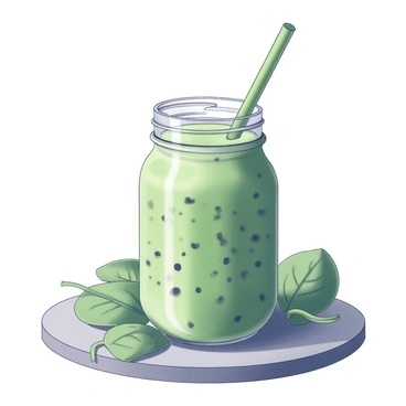 A mason jar filled with a thick, textured green smoothie. The smoothie contains visible specks of ingredients, including small pieces of amla and kiwi. The spinach gives the mixture a rich consistency, and the jar is placed on a wooden surface. The lid of the mason jar is open, and a green straw is inserted into the drink. There is a backdrop of fresh spinach leaves scattered around, enhancing the natural theme of the image.