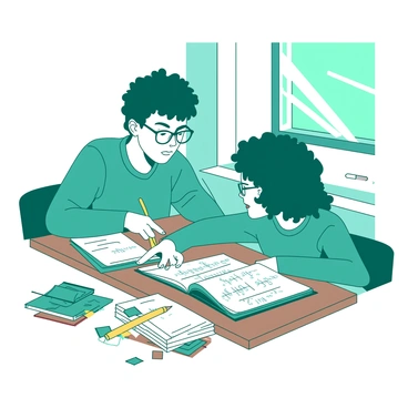 A teal student with glasses is sitting at a wooden desk, focused on helping a classmate. The classmate, a white student with curly hair, is leaning over a notebook filled with math problems. The teal student is pointing to a specific problem on the notebook while holding a yellow pencil. There are scattered books and a colorful stack of sticky notes on the desk. A window in the background lets in soft light, illuminating the scene.