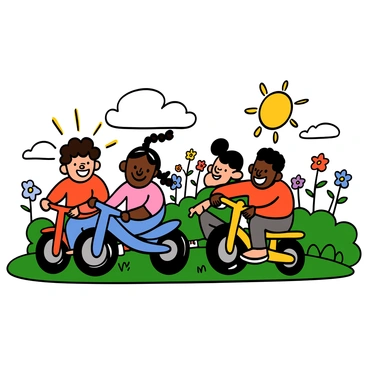 A group of four children riding tricycles together in a park. There is a light-skinned boy with curly hair on a red tricycle, smiling widely. Next to him is a dark-skinned girl with braids on a blue tricycle, laughing joyfully. Behind them is a light-skinned girl with pigtails on a green tricycle, also laughing, and a dark-skinned boy with short hair on a yellow tricycle, grinning as they race each other. Bright sunlight shines down on them, and there are colorful flowers and green grass in the background.