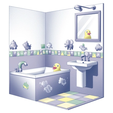 A bathroom designed specifically for children. The room features unique animal-shaped faucets, each representing a different creature, such as a frog, elephant, and fish. The walls are adorned with a variety of tiles depicting playful cartoon animals in various poses. The floor showcases a mix of tiles in bright, cheerful patterns. There is a small tub with a rubber duck and a playful showerhead shaped like a dolphin. The mirror reflects the whimsical decor, creating a fun and engaging atmosphere.