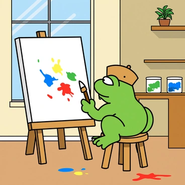 A small, vibrant green frog with big, expressive eyes is holding a paintbrush in its right hand. The frog is perched on a small wooden stool, focused intently on a blank canvas placed on an easel in front of it. The canvas has splashes of bright colors, including red, blue, yellow, and green, showing the frog's artistic flair. The art studio is cozy, with sunlight streaming through a window, illuminating jars of paint and brushes scattered on a wooden table nearby. There are colorful splatters on the floor, and a small potted plant is situated on a shelf, adding a touch of greenery to the scene. The frog wears a tiny artist's beret, adding to its creative charm.