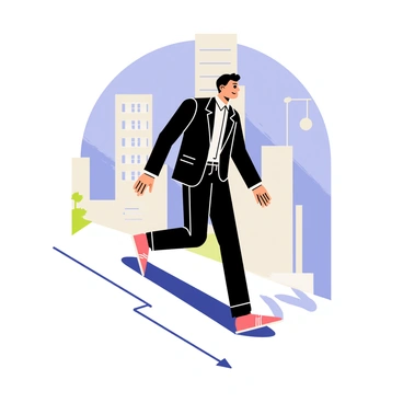 A business suit composed of a dark jacket, white shirt, and matching trousers is walking on its own along a city sidewalk. The suit has no visible person inside and appears to be in motion with one leg raised, giving the illusion of walking. A shadow is cast on the ground, uniquely shaped like a male symbol. The surroundings include tall buildings and a clear blue sky, emphasizing the urban setting.