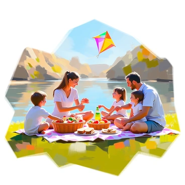 A family consisting of four members is enjoying a picnic on a grassy riverbank of the Jordan River. The father, with short dark hair and a blue shirt, is laying out a checkered blanket on the vibrant green grass. The mother, with long brown hair tied in a ponytail, is unpacking a wicker basket filled with sandwiches and fresh fruits. Two children, a boy and a girl, are laughing and playing nearby with a colorful kite flying in the blue sky. The river water glistens in the sunlight, with gentle ripples reflecting the surrounding trees. The scene captures a moment of joy and togetherness.