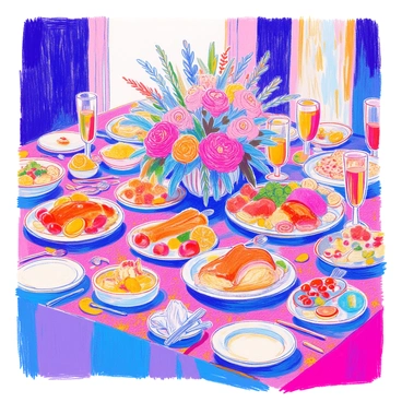 A banquet table is set up, covered with an ornate tablecloth. The table is heavily laden with overflowing plates of food. There are large platters filled with roasted meats, glistening with juices, and bowls brimming with colorful vegetables. Some plates feature an assortment of cheeses and fruits arranged artistically. Several tall glasses are filled with bright beverages, and scattered around are elegant silverware and napkins folded into intricate shapes. In the center, a grand floral arrangement adds a burst of color to the scene.