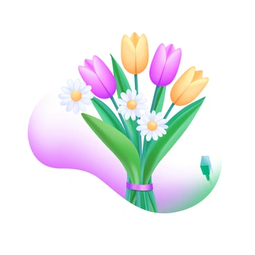 A modern pastel illustration featuring a simple bouquet of flowers. The bouquet includes vibrant tulips in shades of pink and yellow, alongside delicate daisies with white petals and yellow centers. The flowers are arranged in a clean and minimalistic style, with lush green leaves complementing the blooms. The background is a soft pastel color, enhancing the overall appearance of the bouquet. A subtle ribbon in a matching pastel color ties the bouquet together at the stem.