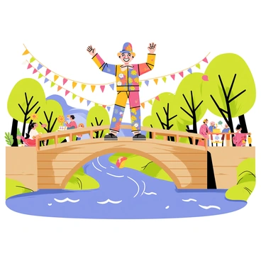 An arlequin character dressed in a colorful patchwork costume is standing on a wooden bridge over a flowing river. The arlequin has a wide grin on their face, arms raised in the air as if cheering in excitement. Surrounding the bridge, vibrant decorations hang, including colorful paper lanterns and streamers. In the background, a lively festival atmosphere is depicted with people wearing festive clothing, enjoying activities, and stalls offering food and drinks. Trees line the riverbank, and the sky is filled with bright blue hues, adding to the cheerful scene.