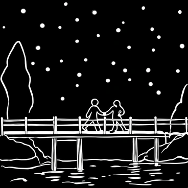 A wooden bridge stretches across a calm body of water, illuminated by the soft glow of numerous fireflies fluttering around. The bridge is lined with rustic wooden railings that add to the charm of the scene. A couple is walking hand in hand, silhouetted against the night sky, their figures slightly blurred to emphasize intimacy. The water below reflects the flickering light from the fireflies, creating a shimmering effect. The background features tall trees and a starry sky that enhance the romantic atmosphere.