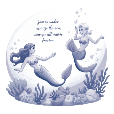 An invitation designed for an under-the-sea themed event. It features two mermaids swimming gracefully among vibrant coral reefs. One mermaid has long flowing hair and is adorned with seashell accessories. The other mermaid is playfully flipping her tail. Various types of coral and sea plants surround them, creating a lively underwater environment. The background consists of gentle waves and bubbles, adding to the aquatic atmosphere. Text on the invitation reads, "Join us under the sea for a magical adventure."