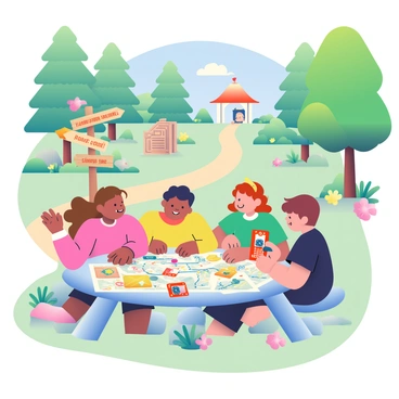 A vibrant park scene is set for a treasure hunt game. In the center, a group of children with diverse appearances is gathered around a picnic table, examining a treasure map with various symbols and markings. Scattered on the table are small colorful envelopes containing clues. One child is holding a bright red Arduino Uno board, showcasing its lights flashing as it operates. Nearby, a wooden signpost points to different locations within the park, labeled with playful names. The background features tall green trees, blooming flowers, and a clear blue sky, creating an inviting environment for the adventure. In the distance, a winding path leads towards a gazebo where another clue is hidden.