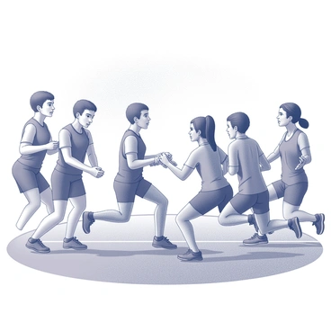A group of athletes is gathered on a running track. They are engaged in baton handoff practice, with each member focused intently on their task. The team is positioned in a staggered formation, preparing for the exchange. Their expressions reflect concentration and determination, with brows furrowed and eyes locked on their teammates. Beads of sweat are visible on their foreheads and cheeks, indicating the intensity of their practice. The surrounding environment features a clear sky above, enhancing the atmosphere of active training.