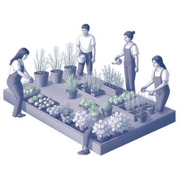 A city rooftop garden is filled with various types of plants. There are numerous flower beds blooming with different species of flowers, and rows of vegetables such as tomatoes, peppers, and lettuce thriving in pots and raised beds. Several gardeners, smiling and engaged, are tending to the plants. One gardener is watering the flowers with a watering can, while another is crouched down, inspecting the vegetables. The scene conveys a sense of activity and connection to nature amidst the urban surroundings.