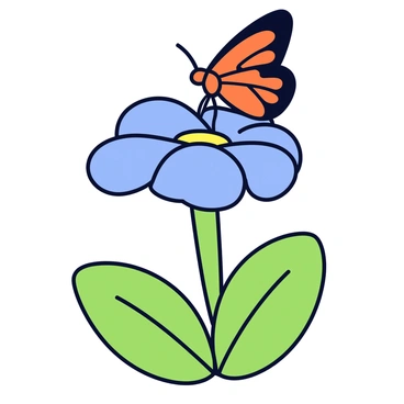 A butterfly with vibrant orange and black wings is delicately resting on the petals of a blue flower. The flower has a round shape with soft, velvety petals that fan outward. The butterfly's wings are slightly spread, showcasing intricate patterns. The flower stands tall, surrounded by lush green leaves that provide a contrasting backdrop.