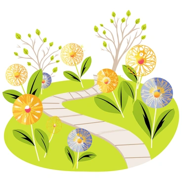 A garden filled with vibrant flowers that bloom in intricate clockwork patterns. The flowers have metallic petals in shades of gold and silver, with tiny gears and cogs visible within their structure. Each flower opens and closes rhythmically, mimicking the movement of a clock. Surrounding the flowers are green leaves with a glossy finish, contrasting with the metallic elements. A winding path made of polished stones leads through the garden, allowing for an engaging view of the mechanical blossoms. In the background, there are trees with branches that have metallic accents, adding to the steampunk atmosphere of the garden.