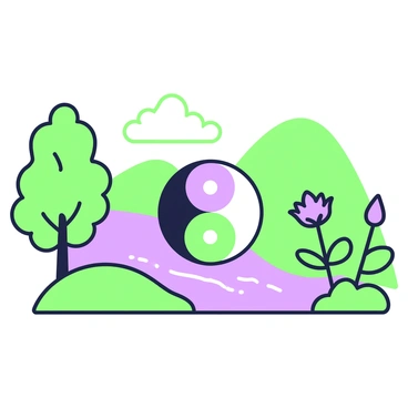 A yin-yang symbol is placed prominently in the center of a natural landscape. The symbol is surrounded by green hills rolling gently under a clear sky. To the left of the symbol, there are tall green trees with lush foliage, while on the right, a calm purple river flows with gentle curves. In the background, soft slopes continue into the distance, and a few purple flowers bloom in the foreground. The overall composition conveys a sense of balance and harmony in the vibrant nature surrounding the yin-yang symbol.