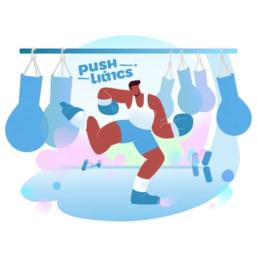 A boxer is seen intensely training in a gym filled with punching bags. The boxer is wearing a fitted tank top and boxing shorts, with hand wraps on both fists. There are several large punching bags hanging from the ceiling, swinging slightly from the force of the boxer’s punches. The gym has a vibrant atmosphere, with bright gradient pastel colors on the walls and equipment. The floor is padded, and there are weights and other training equipment scattered around. A motivational quote "Push Your Limits" is displayed prominently on the wall behind the boxer.