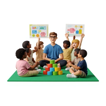 A financial advisor with short brown hair, wearing a blue button-up shirt and glasses, is sitting cross-legged on a bright green carpet. Around him are five children of diverse ethnicities, eagerly engaging in conversation. One child, with curly black hair, holds up a large, colorful poster illustrating a piggy bank and coins. Another child, with straight blonde hair, is seated beside a large pile of colorful building blocks shaped like money. The setting includes vibrant wall decorations, like charts showing savings and spending concepts, creating a lively and inviting atmosphere.