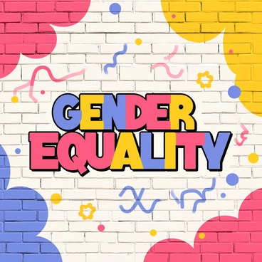A vibrant graffiti wall featuring a mix of bright colors like red, blue, and yellow. The words "Gender Equality" are painted in bold, stylized letters at the center of the wall, with a dynamic outline that makes them stand out. Surrounding the text are artistic elements such as abstract shapes and symbols representing unity and diversity, adding to the overall energetic vibe of the composition.