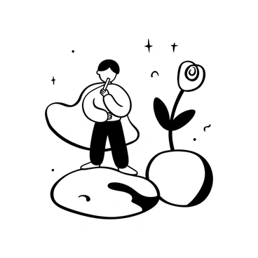 A small figure dressed in a flowing cloak stands on a small asteroid, holding a flute to his lips. Next to him, a delicate rose sways gracefully in the wind. The scene captures the essence of a gentle breeze, with wisps of air visibly swirling around the rose's petals. A few stars are scattered in the background, creating a sense of vastness in the cosmos.