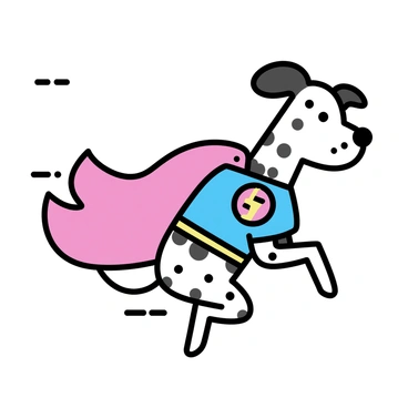 A dalmatian with distinctive black spots is dressed in a red and blue superhero costume. The costume features a bold emblem on the chest, and a flowing red cape billows behind the dog as it soars through the air. The dog's ears flap in the wind, and its expression shows determination and bravery. The scene captures the dynamic motion of the dalmatian flying, with its paws extended forward and the cape trailing behind.