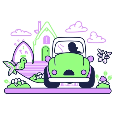 A whimsical truck with a rounded shape and oversized wheels is parked on a cobblestone street in a fantasy village. The truck has noticeable features like a curved hood and large headlights. Surrounding the truck, there are various magical creatures interacting with the environment. To the left, a small dragon with iridescent scales flutters its wings near a colorful flower bed. To the right, a tiny fairy with translucent wings hovers above a mushroom. In the background, whimsical cottages with thatched roofs and brightly colored doors dot the village, while wisps of smoke rise from the chimneys. A clear sky with fluffy clouds provides the backdrop to this lively scene.