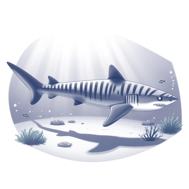 A tiger shark is gliding through the clear, shallow waters of a tropical sea. The shark's distinctive pattern of dark stripes contrasts with the sandy seabed below. Sunlight filters through the water, creating shimmering reflections around the shark. Small fish can be seen darting around the shark, curious yet cautious of its presence. The surrounding environment features scattered coral formations and patches of seaweed, adding to the vibrant underwater landscape.