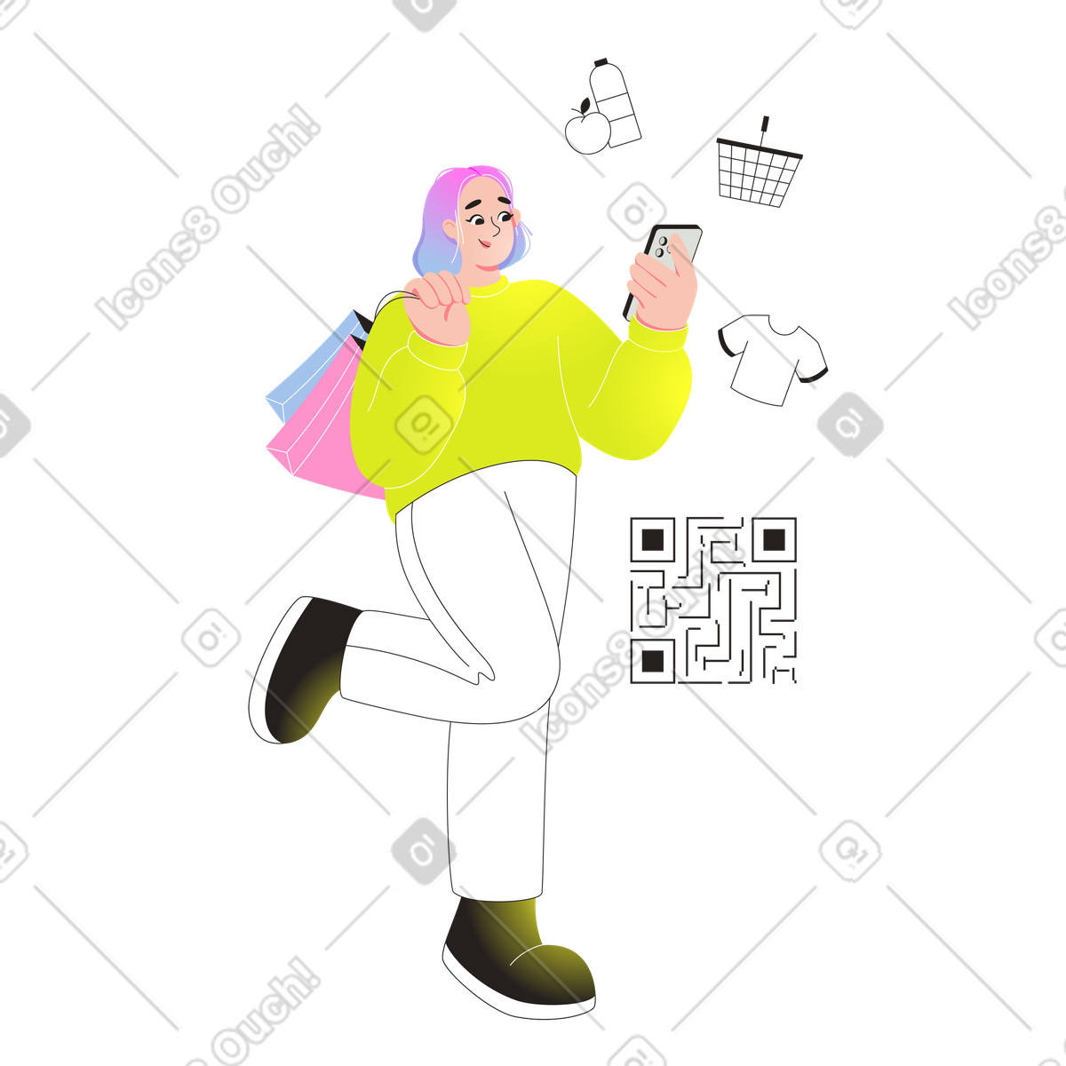 Ilustração de Mulher segurando smartphone fazendo compras online em no estilo Like para baixar em PNG, SVG