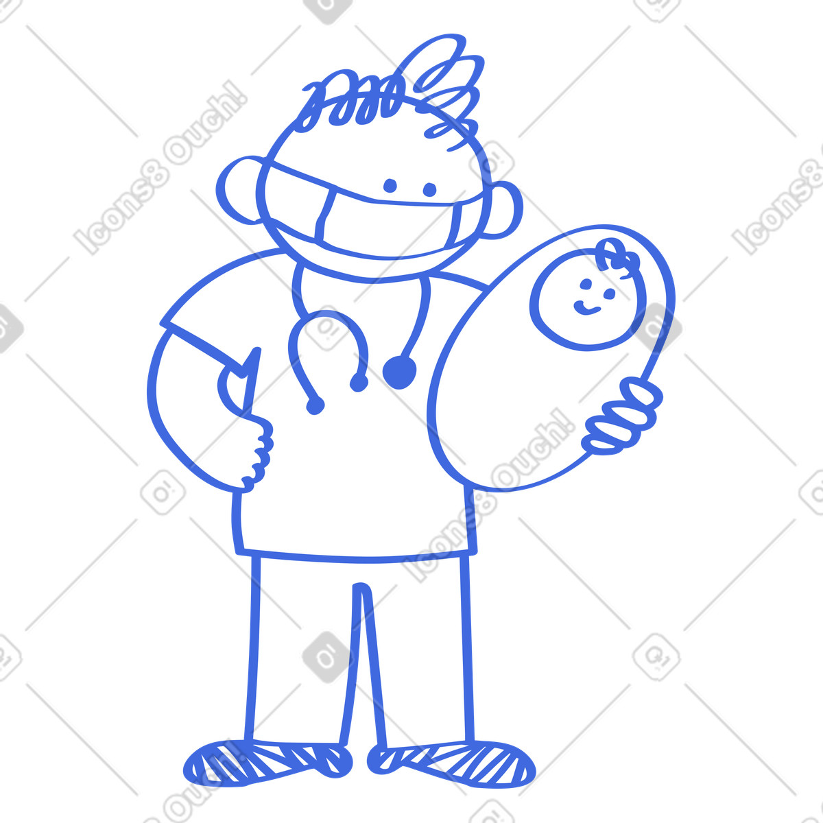 Doctor holding newborn baby wearing mask and stethoscope smiling illustrazione in stile Ballpoint Pen scarica in PNG, SVG