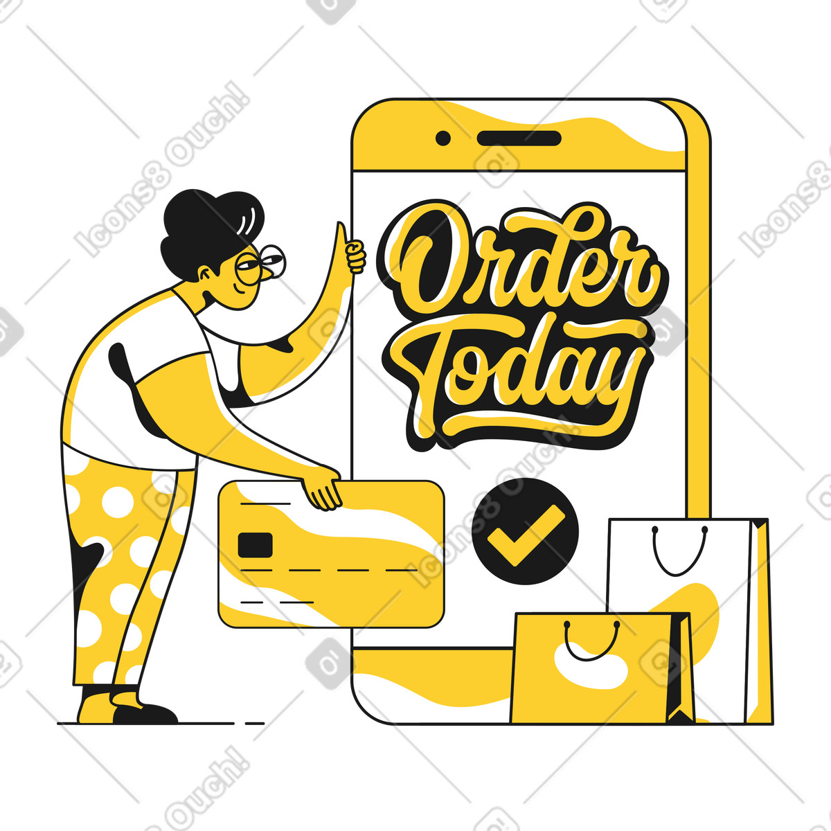 Lettering order today con una donna che acquista online illustrazione in stile Taxi scarica in PNG, SVG