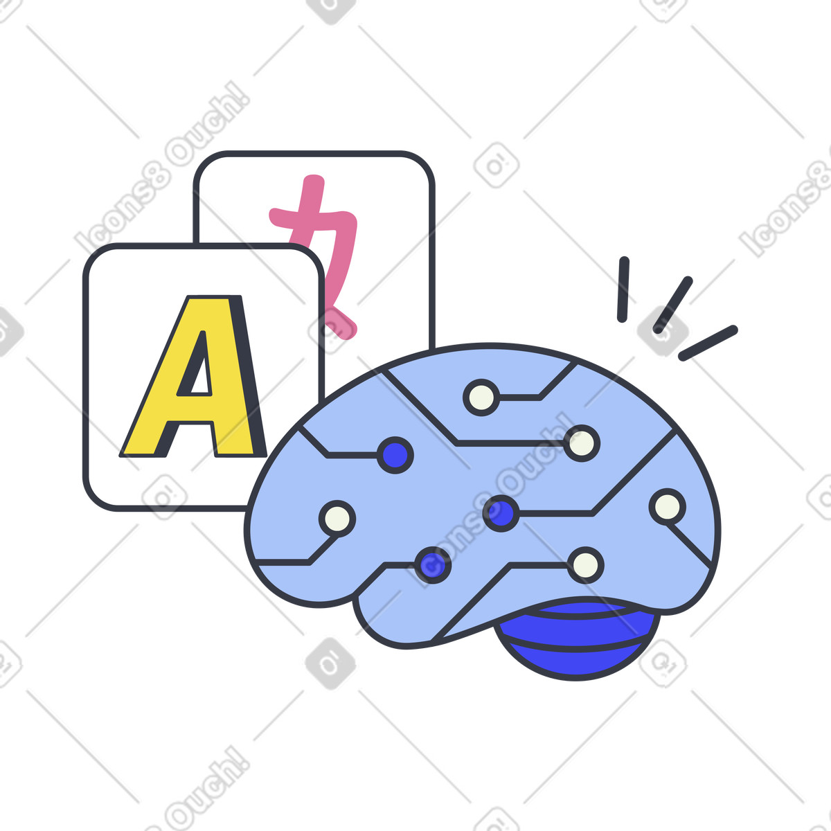 Illustration L'ia cérébrale traduit les langues dans le style Abstract à télécharger aux formats PNG, SVG