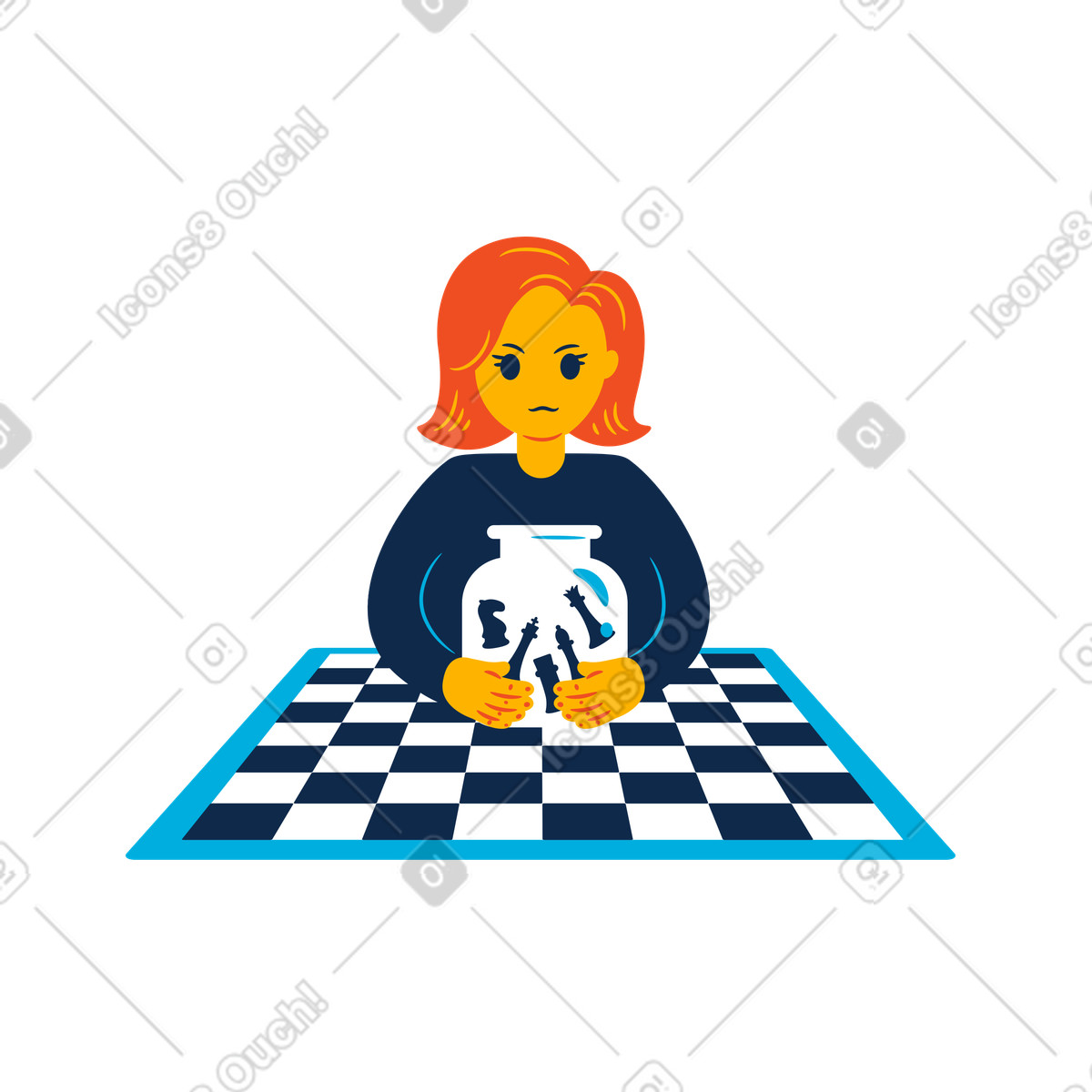 Competitive chess planning with player holding jar of pieces illustration in Flame style download in PNG, SVG