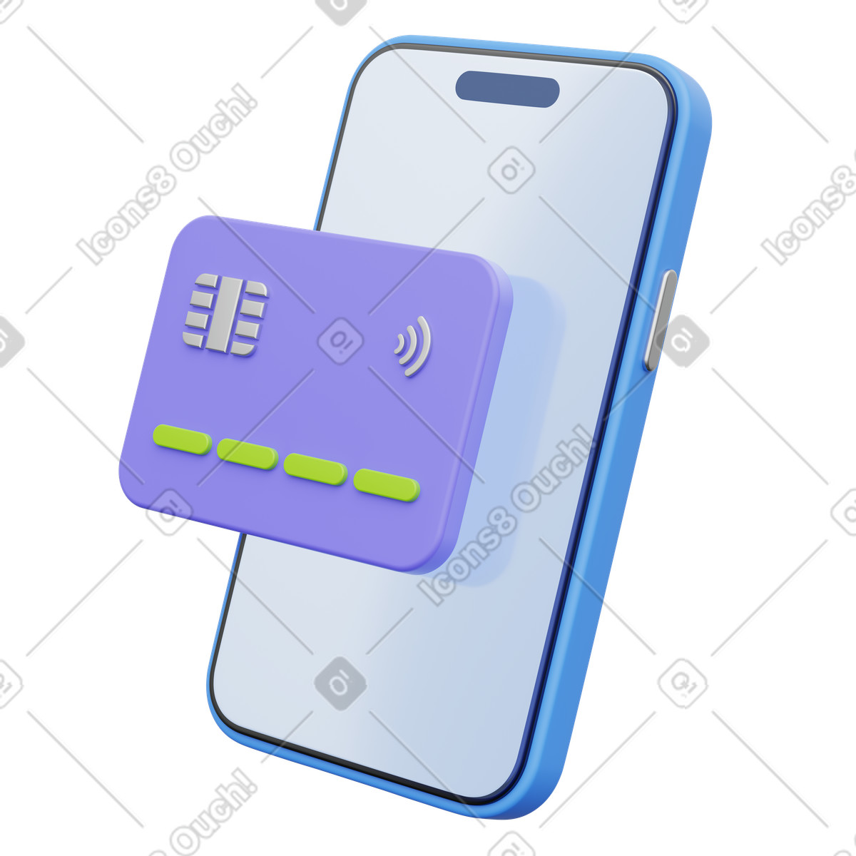 Illustration Carte bancaire mobile, de crédit purple sur téléphone, paiement en ligne dans le style 3D Playful à télécharger aux formats PNG, SVG