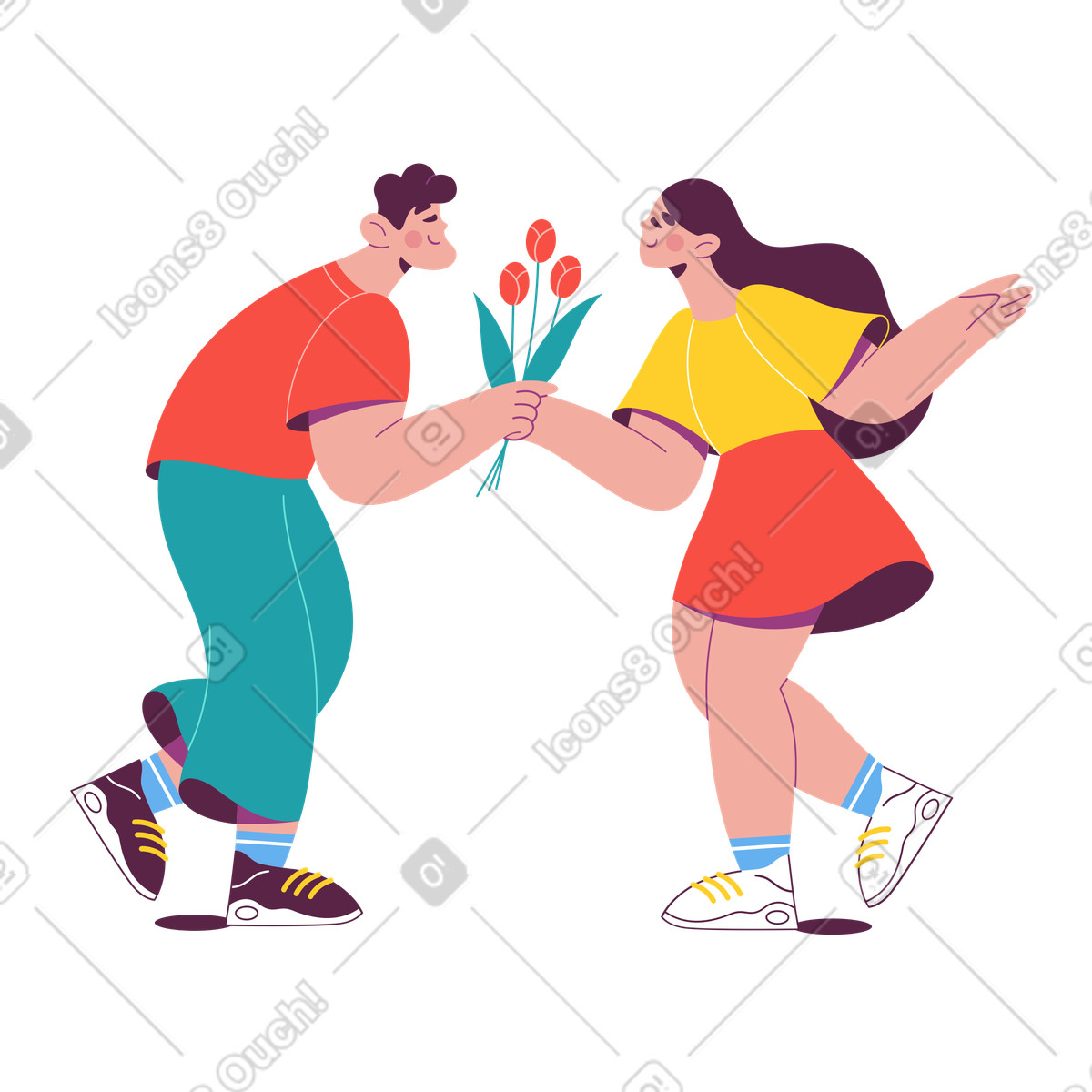Ilustração de Happy couple with flower bouquet, Romantic gesture or celebration em no estilo Sammy para baixar em PNG, SVG