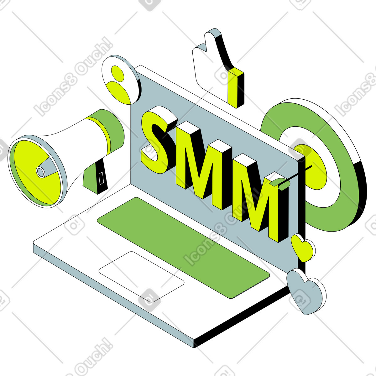 Scritta smm con megafono, target e testo delle icone dei social media illustrazione in stile Isometric scarica in PNG, SVG