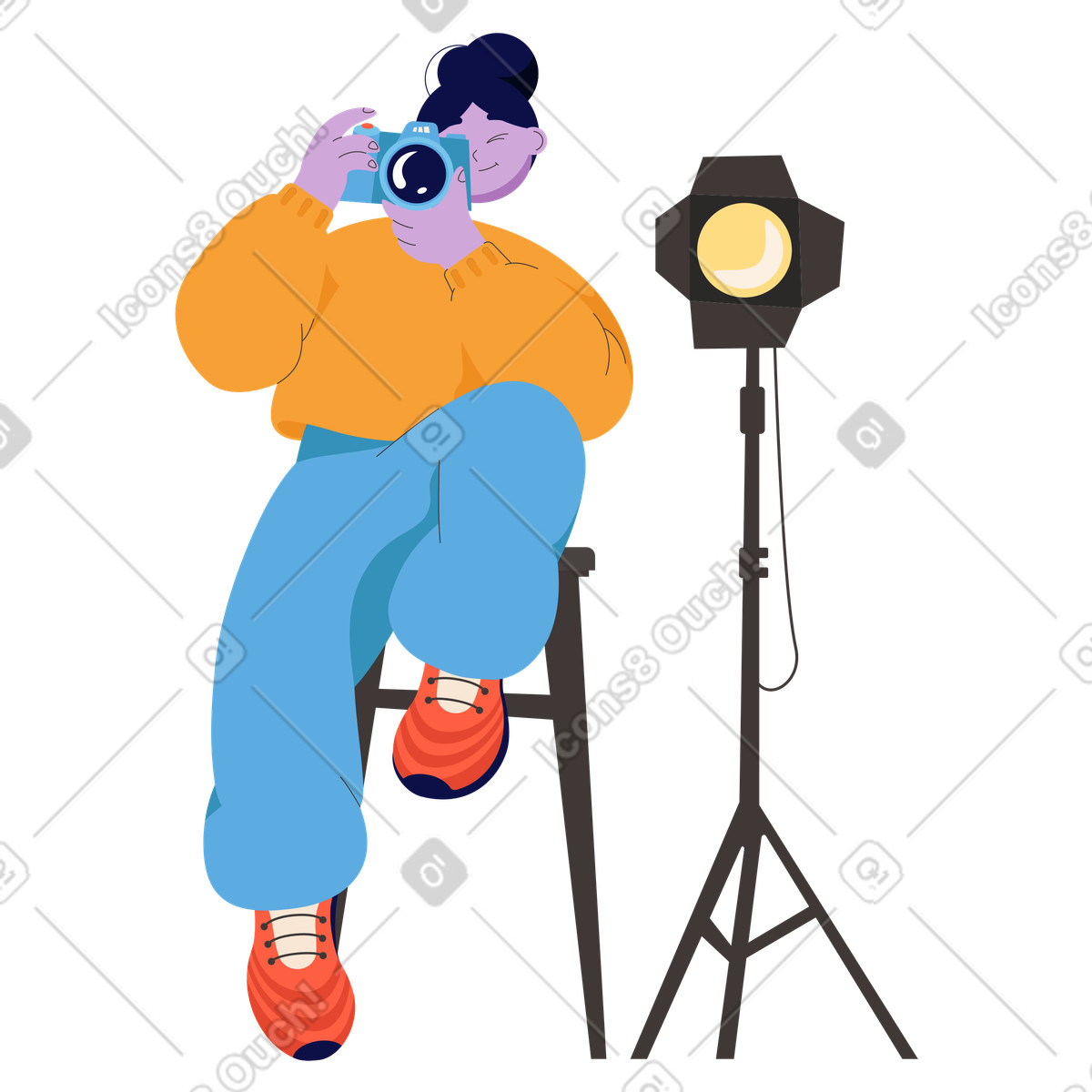 Ilustração de Menina com uma câmera e um holofote tirando fotos em no estilo Dizzy para baixar em PNG, SVG