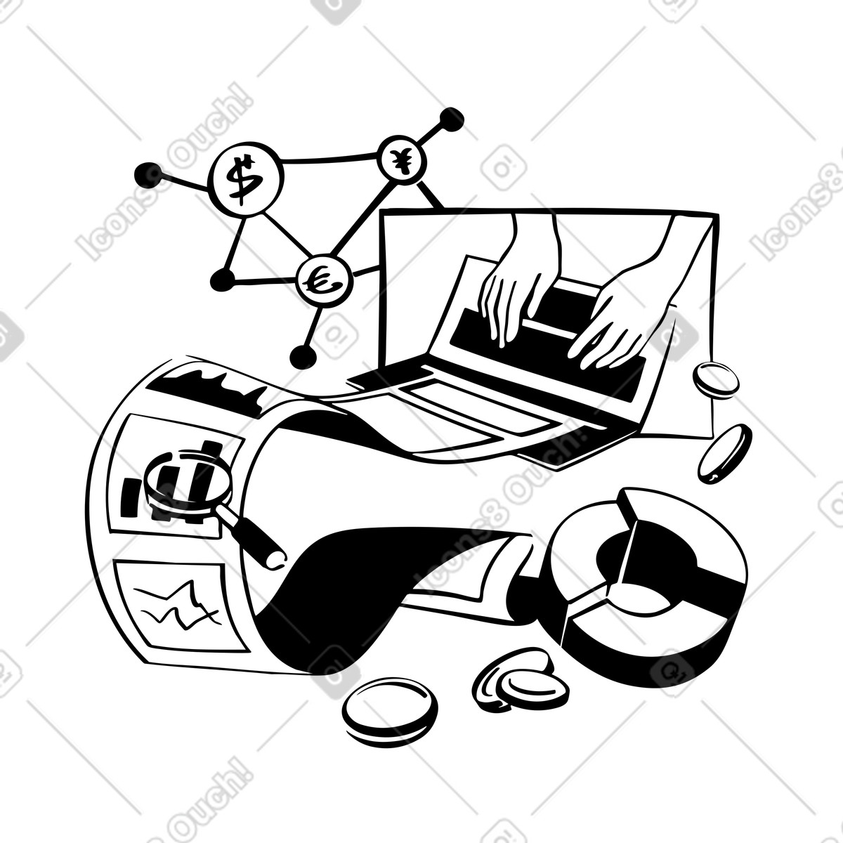 Consulente aziendale che esamina report finanziari, analisi dei dati e servizi di consulenza illustrazione in stile Line scarica in PNG, SVG