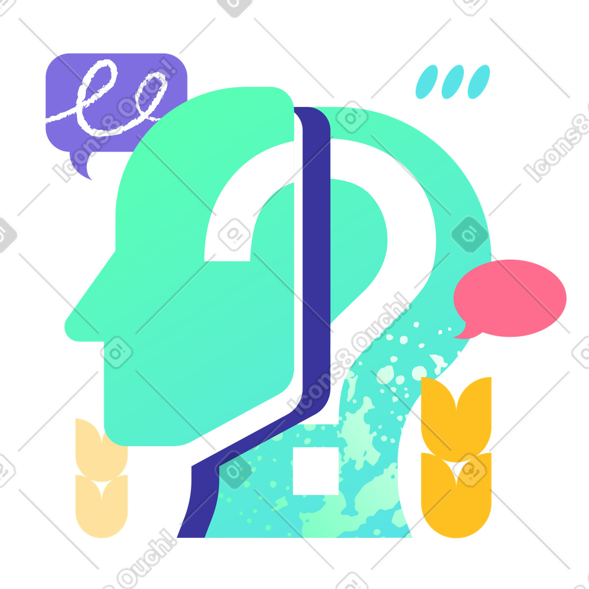 Silhouette head with question mark, mental health awareness and psychology support-Illustration im Bright-Stil als Download in PNG, SVG