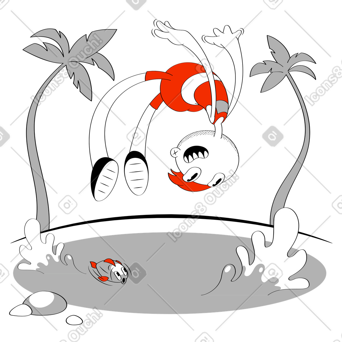 Man diving backwards in a pond illustration Looney style download PNG, SVG