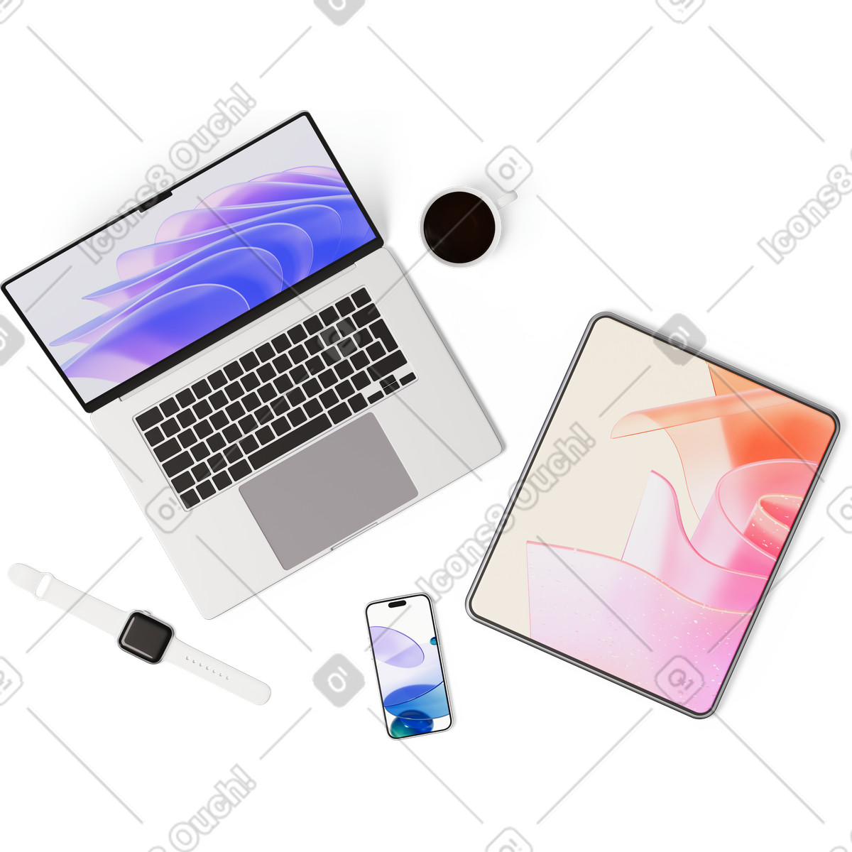 Vista dall'alto di tablet, smartphone, laptop, tazza e orologio intelligente illustrazione in stile 3D Hygge scarica in PNG, SVG