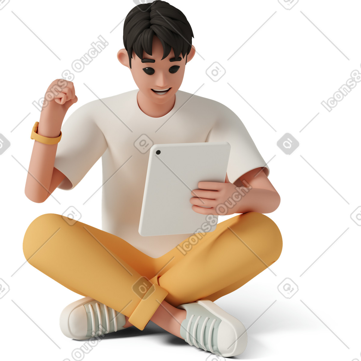 Happy man with tablet celebrating success-Illustration im 3D Casual life-Stil als Download in PNG, SVG
