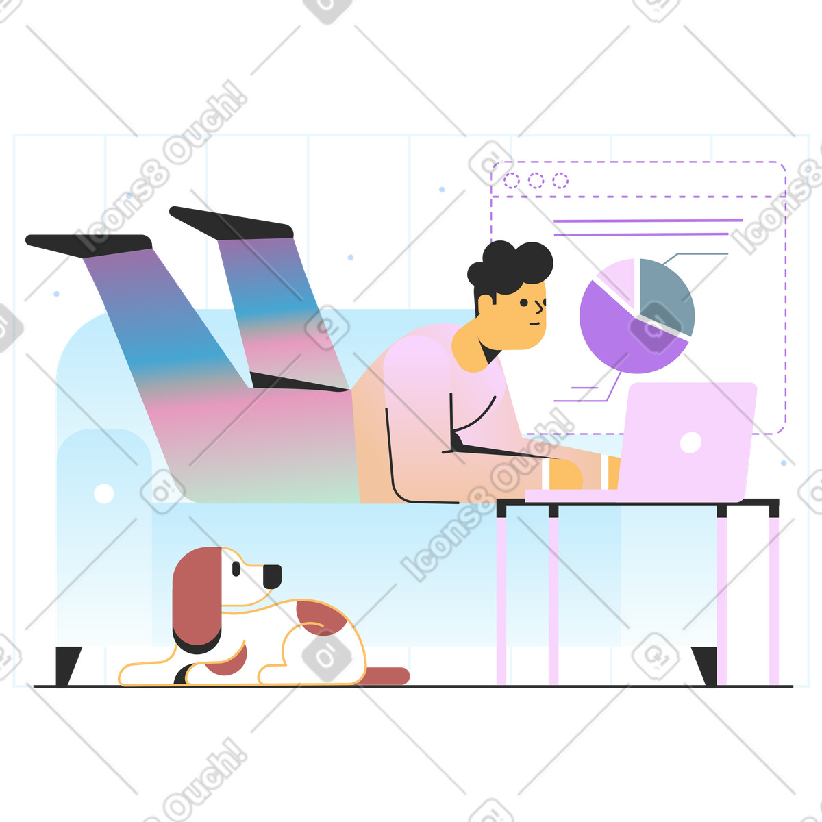 Ilustración El hombre se acuesta en sofá y trabaja una computadora portátil estilo Marginalia a descargar PNG SVG