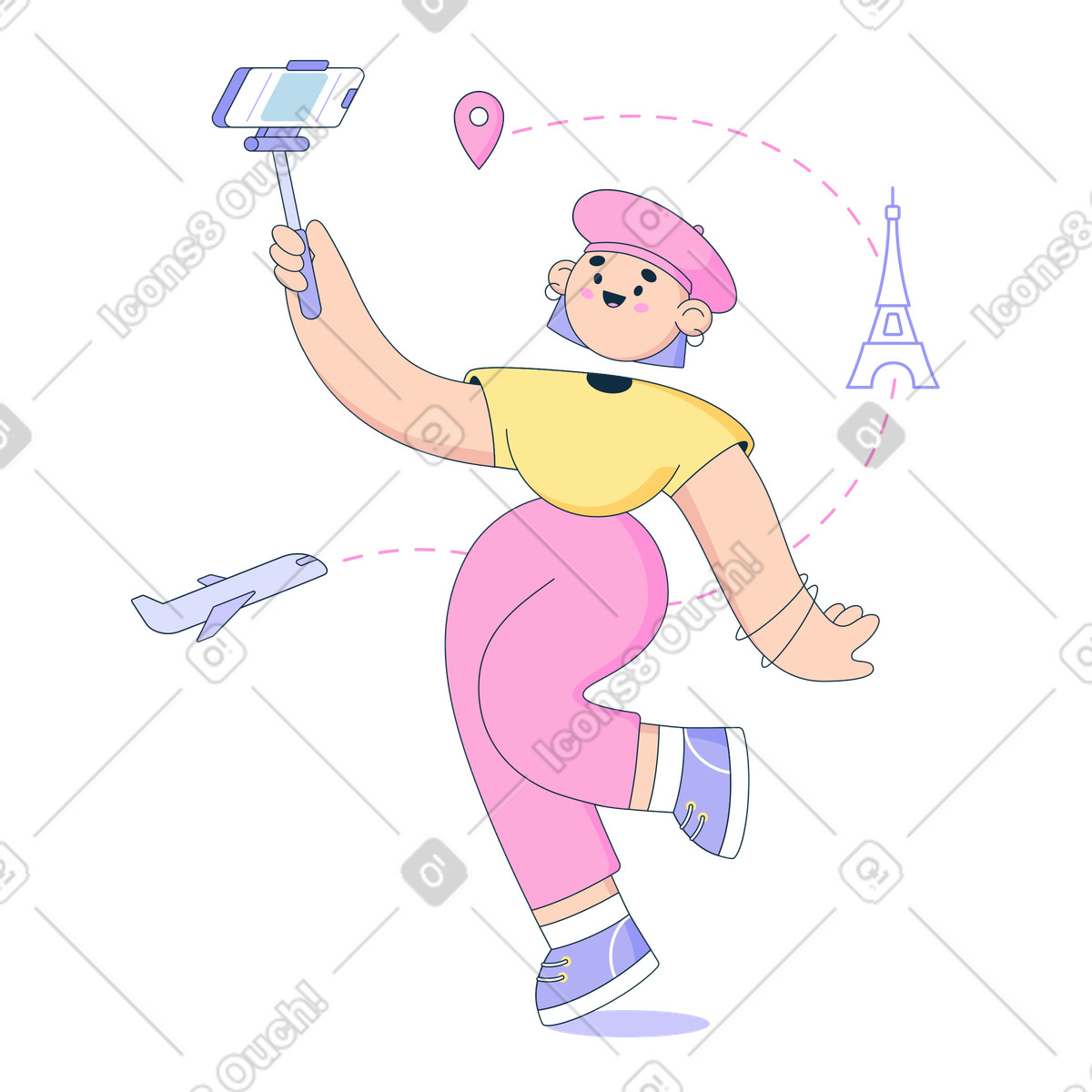 La donna viaggia e si fa un selfie illustrazione in stile Bubble gum scarica in PNG, SVG