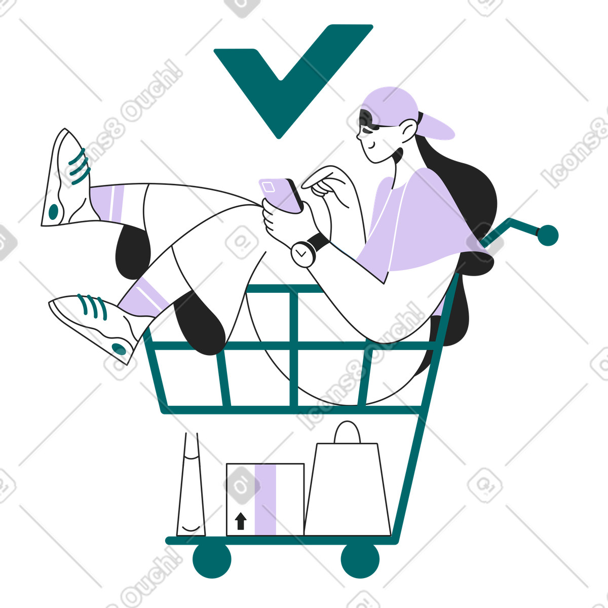 Shopper in cart placing mobile order, E-commerce checkout process animated illustration Sammy Line style download GIF, Lottie (JSON), AE
