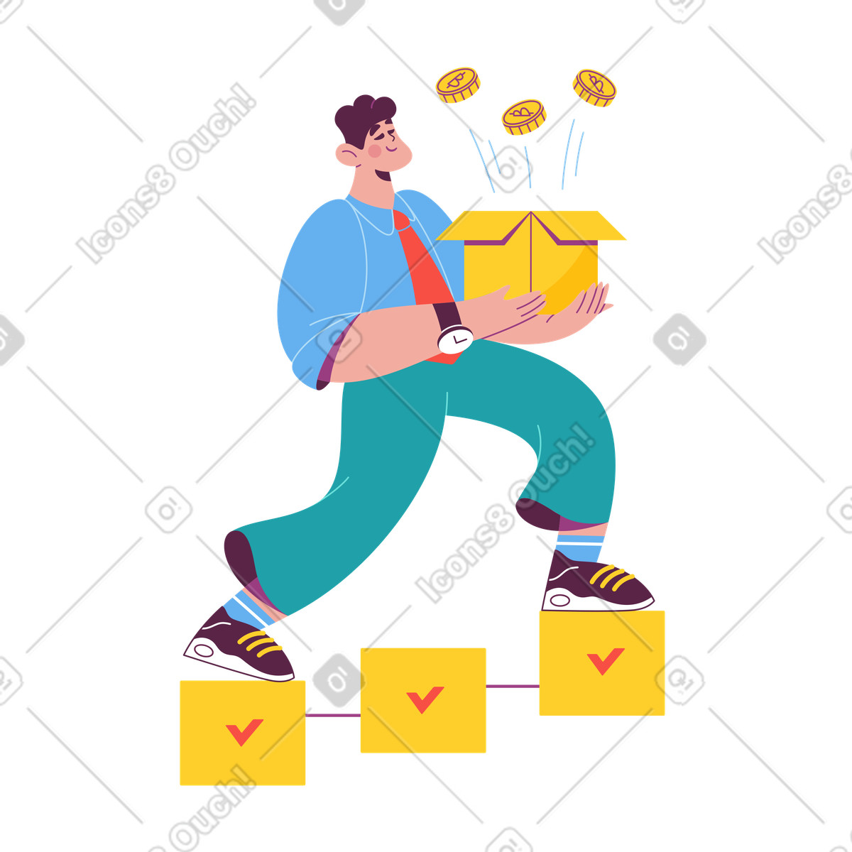 Man climbing stairs with a box of cryptocoins illustrazione in stile Sammy scarica in PNG, SVG