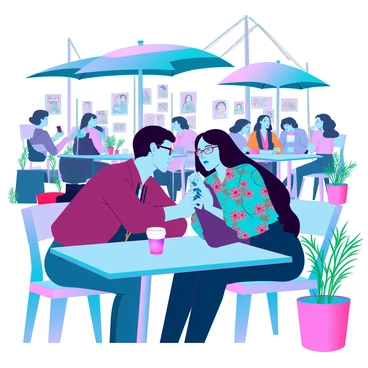 A pickpocket with an agile build and dark clothing is stealthily reaching into a tourist's bag at a busy outdoor café. The tourist has light skin, wearing a bright, floral shirt and glasses, sitting at a table with a half-finished cup of coffee. The café is bustling with people sitting at various tables, showcasing a variety of colorful clothing and animated conversations. Surrounding the scene are potted plants and vibrant umbrellas providing shade. The pickpocket's hand is almost fully inside the bag, while the tourist remains unaware, looking at their phone.
