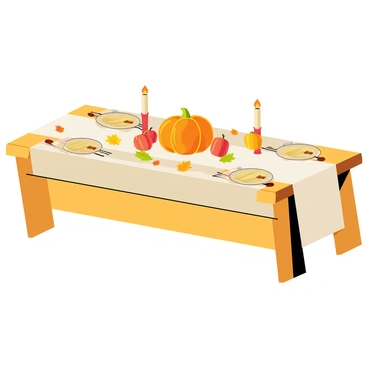 A Thanksgiving dinner invitation featuring a long wooden harvest table set for a feast. The table is adorned with a white tablecloth and decorated with a variety of colorful autumn leaves scattered across the surface. A centerpiece holds a large pumpkin with smaller gourds surrounding it. Plates are neatly arranged with silverware at each setting, and candles are placed in rustic holders. The background displays a warm and inviting atmosphere, enhancing the festive spirit of the invitation.