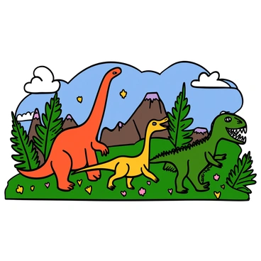 A parade of several dinosaurs marching through a vibrant prehistoric landscape. There are a variety of dinosaurs, including a tall Brachiosaurus with a long neck, a small and agile Velociraptor, and a massive T-Rex with sharp teeth. The dinosaurs are surrounded by lush green ferns and towering cycads. In the background, there are distant volcanic mountains and scattered colorful flowers dotting the ground. Above them, a bright blue sky with fluffy white clouds adds to the lively atmosphere of the scene.