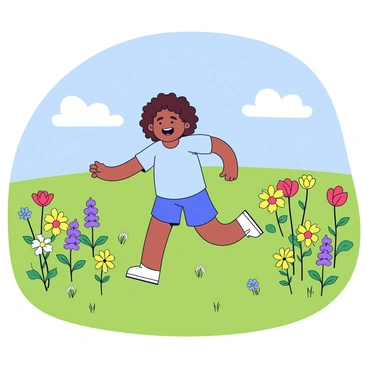 A child with curly brown hair is running joyfully through a vast open field filled with colorful wildflowers. The wildflowers include bright yellow daisies, purple lupines, and red poppies, creating a vibrant tapestry of colors across the landscape. The child is wearing a light blue t-shirt and shorts, with bare feet touching the soft green grass. In the background, a clear blue sky stretches above, dotted with a few fluffy white clouds. The child has a wide smile, arms outstretched, embracing the freedom of the open space.