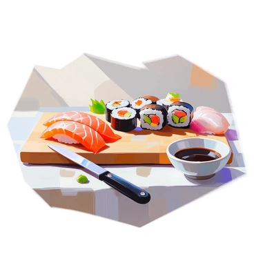 A wooden cutting board is set on a kitchen counter, displaying a variety of sushi rolls artfully arranged. The rolls consist of rice, seaweed, and colorful fillings including avocado, cucumber, and fresh slices of fish. Next to the sushi rolls, there is a vibrant assortment of fresh fish being prepared, including salmon and tuna, glistening with freshness. A sharp chef's knife lies beside the fish, and small bowls containing soy sauce and wasabi are placed nearby, adding to the scene of culinary preparation.