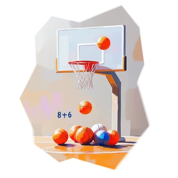 A basketball hoop with a net hanging from it, positioned prominently in the center of the image. Below the hoop, there are six basketballs, three of which are colored orange, two are blue, and one is white. Floating above the hoop, there are two additional basketballs, all in the process of scoring through the net. In the corner of the image, the fraction "8/6" is displayed in bold, clear font, indicating the scoring. The background features a simple gymnasium setting with wooden flooring.