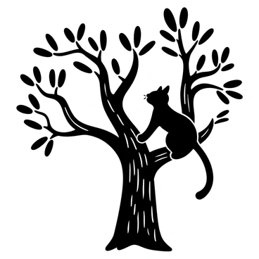 A black cat climbing a tree, its tail hanging down playfully. The tree has a thick trunk with textured bark and sprawling branches. The leaves of the tree are depicted with detailed patterns. The cat is positioned on a branch, standing with one paw raised as it looks up. The background features additional tree branches and leaves, creating a sense of depth in the scene.